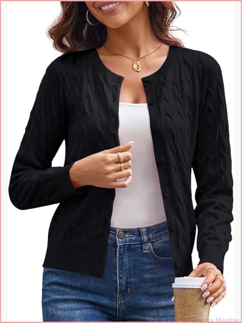 Long Sleeve Button Up Cable Knit Cardigan Lightweight Crewneck Sweater